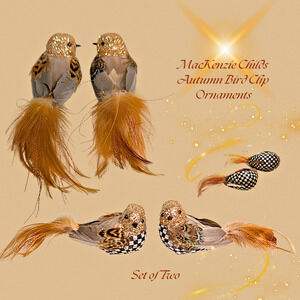 Mackenzie Childs Courtly Check Bird Clip Ornaments Brown Autumnology - Set of 2